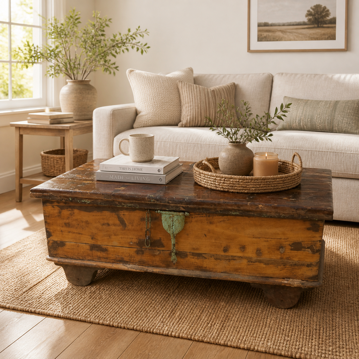 Handcrafted Large Reclaimed Wood Trunk Coffee Table | Storage & Wooden Wheels
