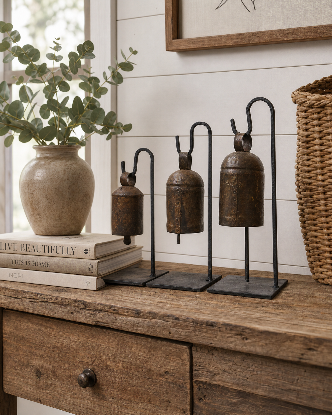 Handcrafted Set of 3 Vintage Bells on Iron Stands | Rustic & Artisan Home Decor