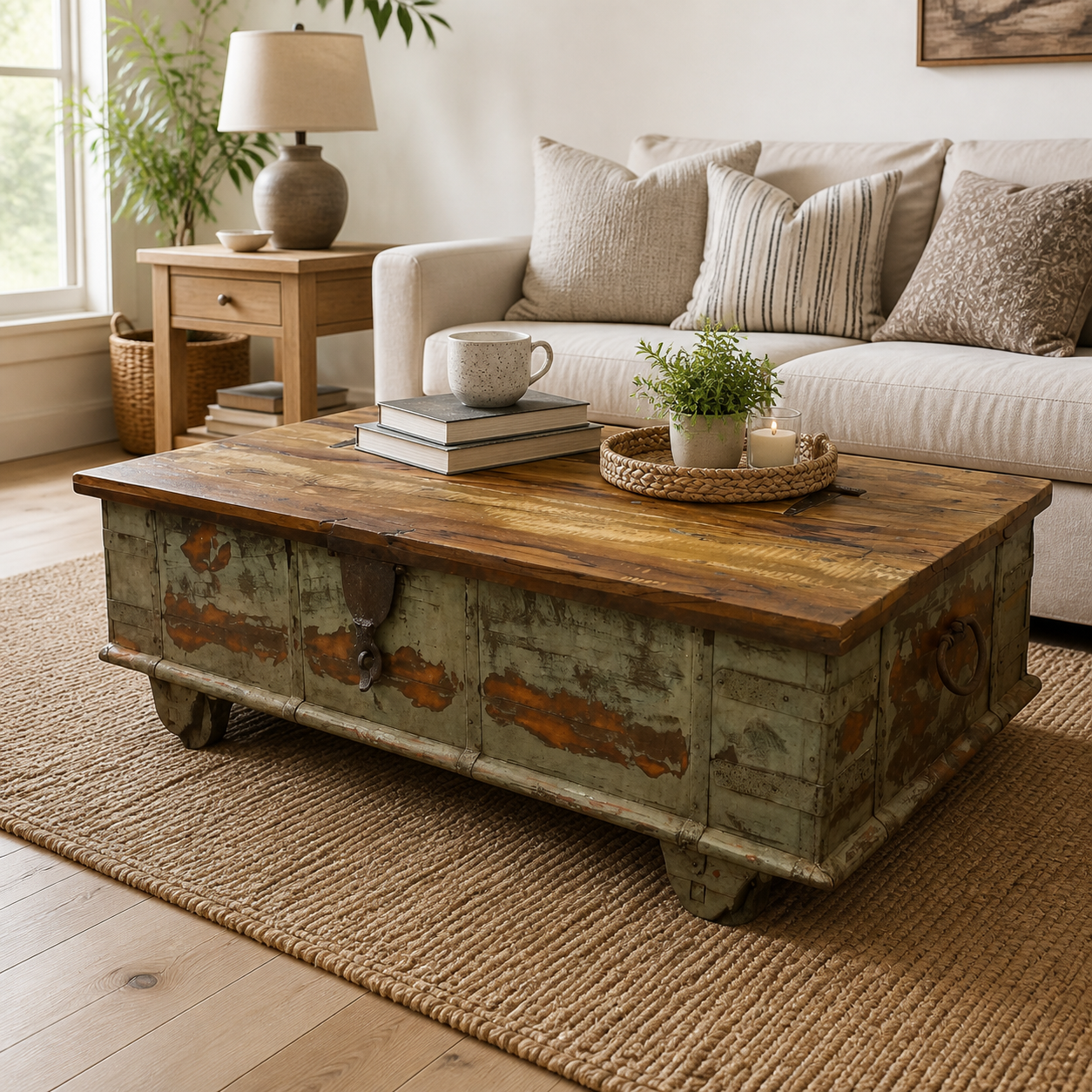 Handcrafted Large Reclaimed Wood Trunk Coffee Table | Storage & Wooden Wheels