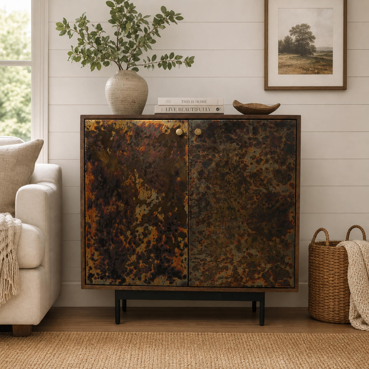 Handcrafted Mango Wood Cabinet | Patina Metal Doors – Modern Industrial Farmhouse Sideboard