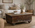 Handcrafted Large Reclaimed Wood Trunk Coffee Table | Storage & Wooden Wheels