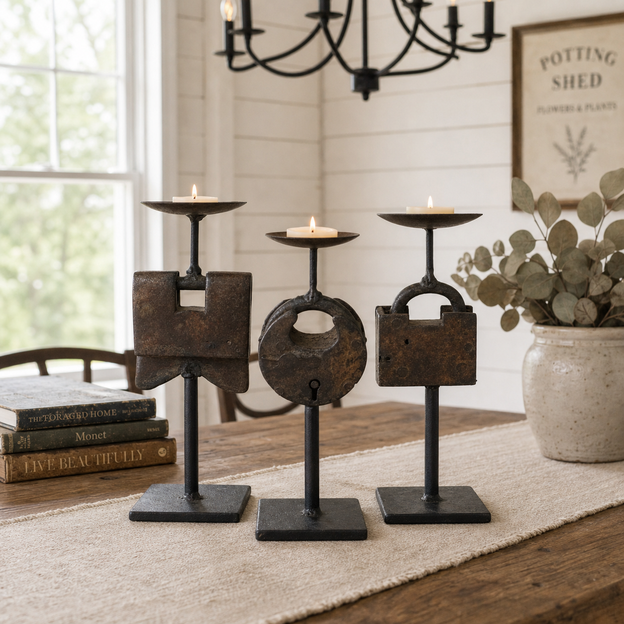 Reclaimed Vintage Lock Candlesticks | Rustic Metal Stand & Aged Patina