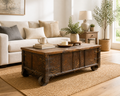 Handcrafted Large Reclaimed Wood Trunk Coffee Table | Storage & Wooden Wheels