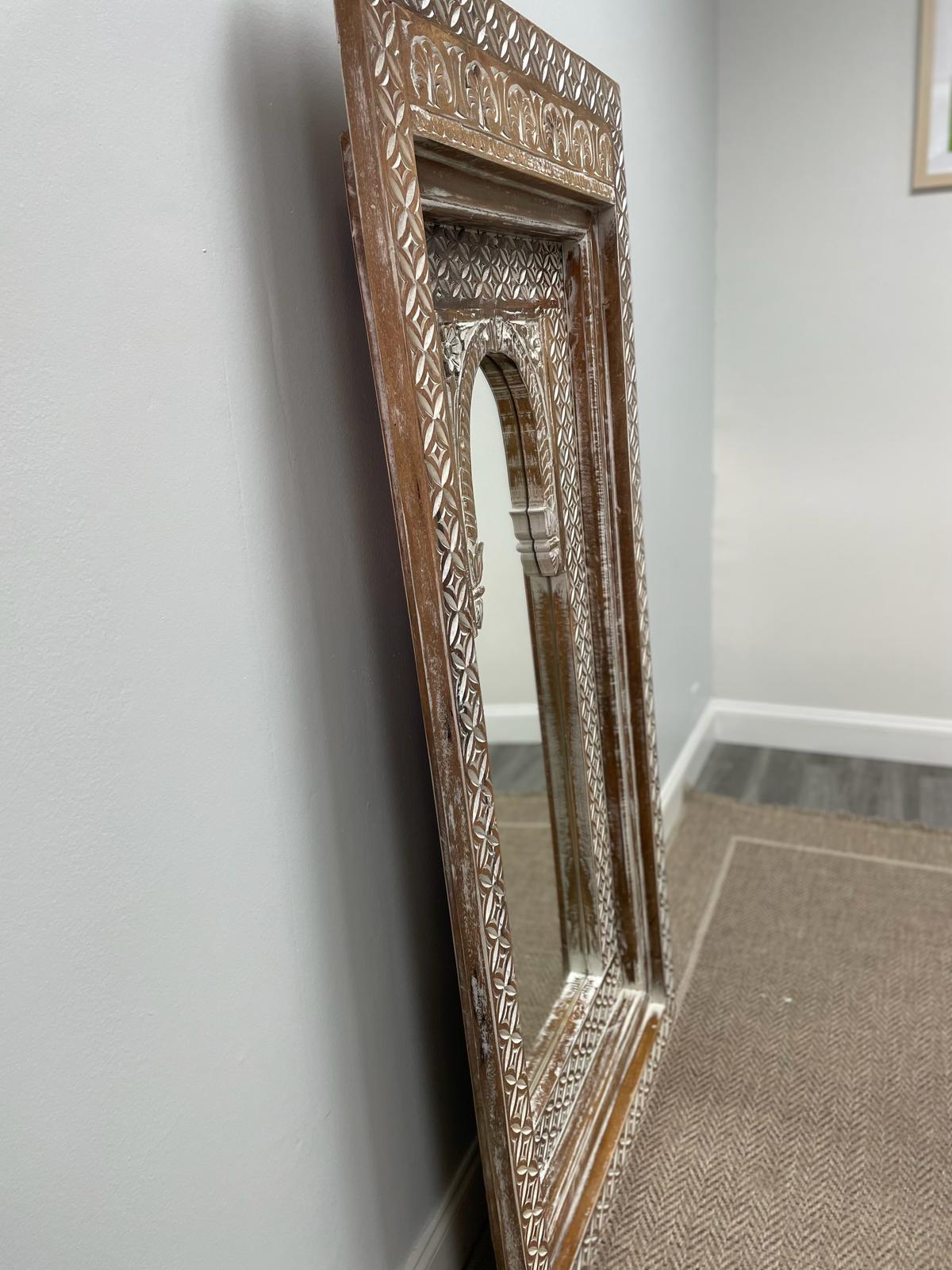 Handmade Mango Wood Temple Mirror | Arched Full-Length | Hand-Carved Natural Wood Frame | 63" Tall