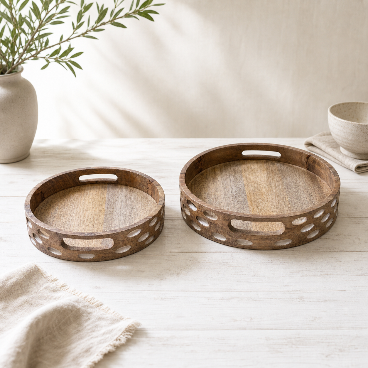 Handcrafted Solid Mango Wood Serving Tray Set of Two | Oval Pattern & White Banding
