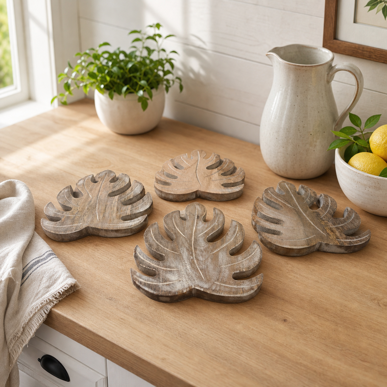 Handmade Mango Wood Leaf Trivets | Set of 4 | Natural Wood & Artisan Craftsmanship