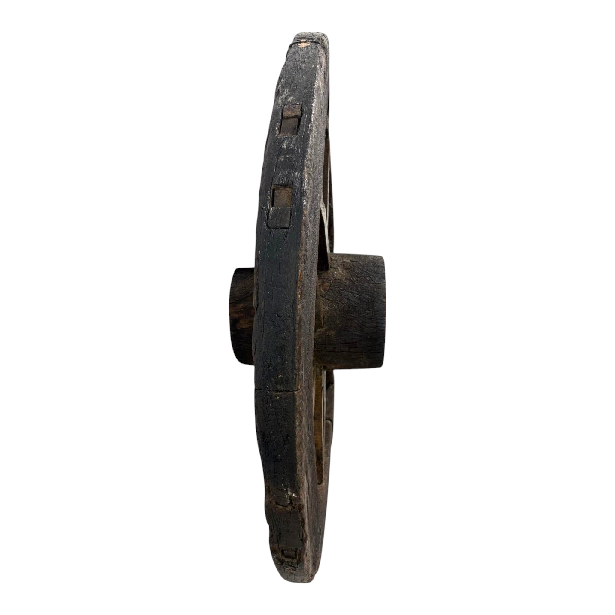 Large Vintage Ox Cart Wheel | Weathered Wood & Marine Varnish